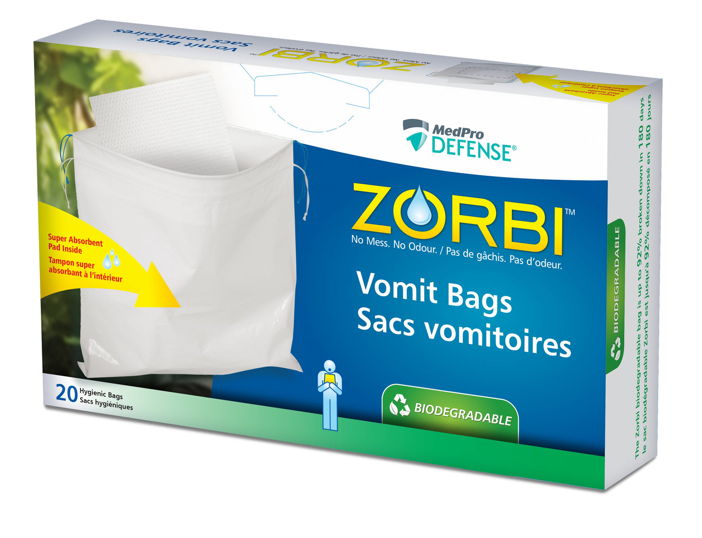 MedPro Defense Zorbi Biodegradable Vomit Liners - ZORBI™ bags and powder are a quick and convenient method of disposing liquid human waste while minimizing its contact with equipment or staff.All ZORBI™ bags contain a water soluble pad made of ZORBI™ Supe