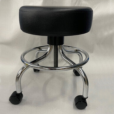 AMG Revolving Stool W/Plastic Swivel Casters - This revolving stool has a 14" (35.6 cm) diameter padded vinyl seat, chromed plated steel construction, and 2" (5 cm) twin wheel plastic swivel casters.Adjustable from 18" to 25" (45.7 to 63.5 cm) in height.