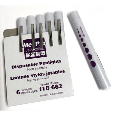 MedPro Disposable Penlights - This disposable penlight features a high intensity focused beam operated by applying pressure to the metal pocket clip.