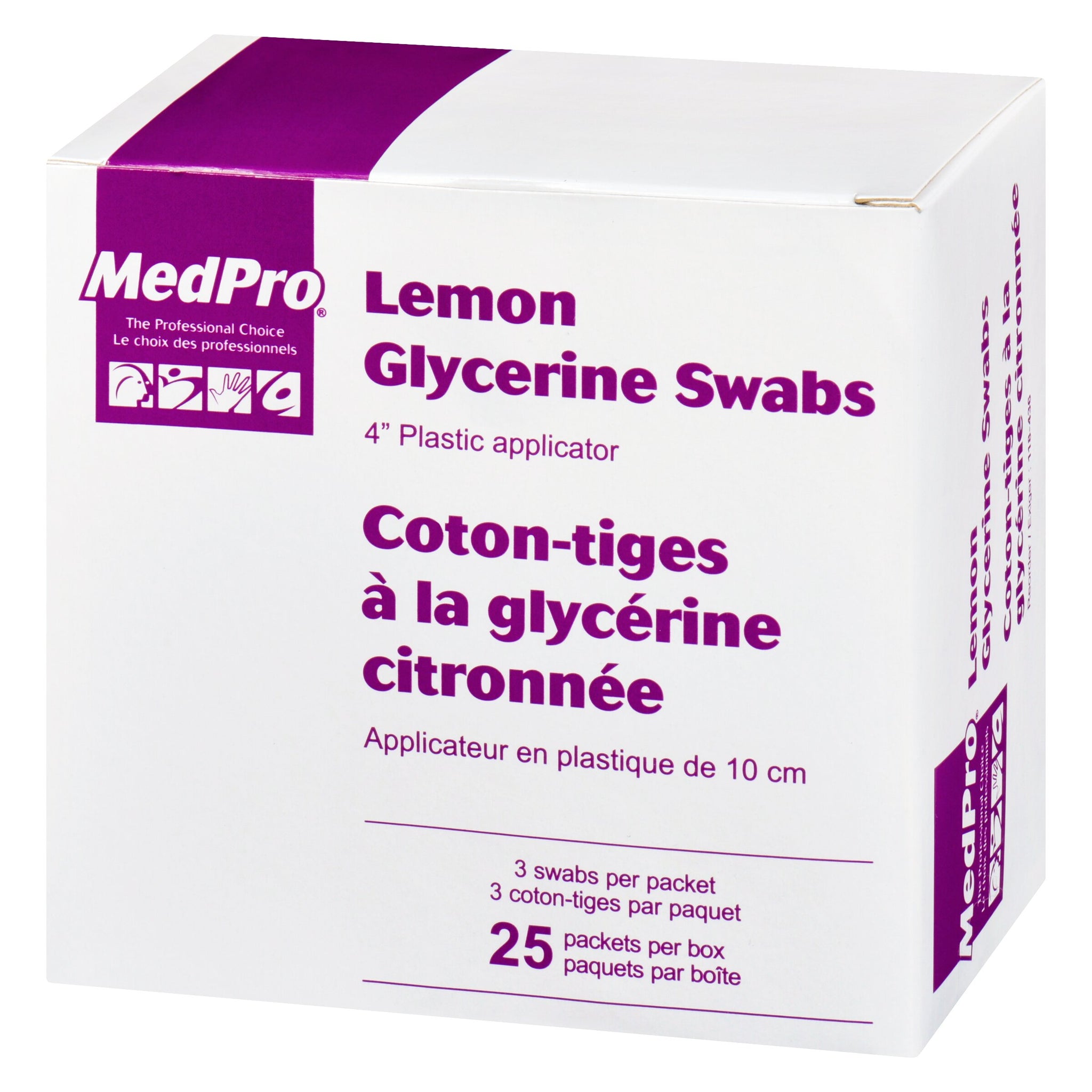 MedPro Lemon Glycerine Swabs - Plastic applicator with a cotton swab soaked in a lemon glycerin solution. 3 swabs per packet, 25 packets per box, 10 boxes per case.