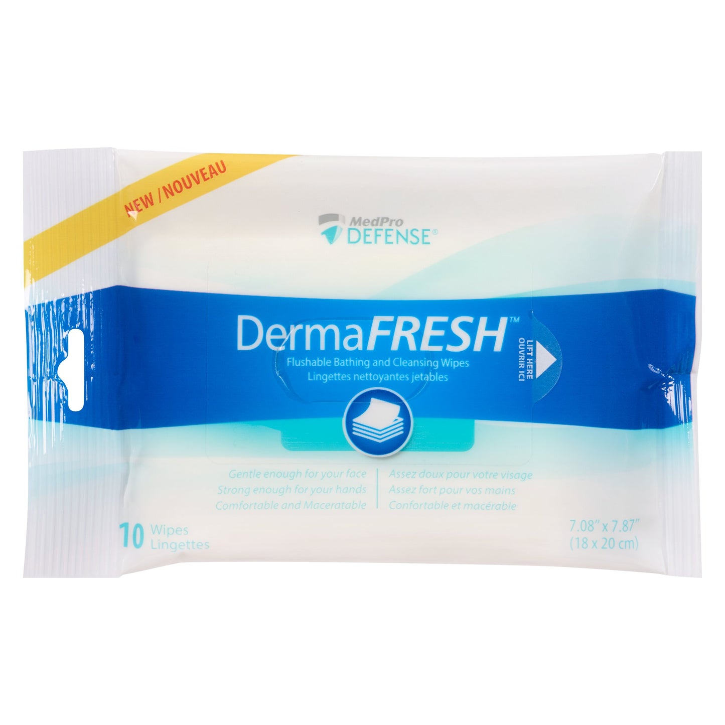 DermaFresh - Flushable Bathing and Cleansing Wipes - Size of wipe 7.1 x 7.9 in / 18 x 20 cm Moist wipes No rinse required Flushable and maceratable Biodegradable 10 wipes per pack Each wipe measures 18 cm x 20 cm Moist wipes ideal for cleansing of face, h