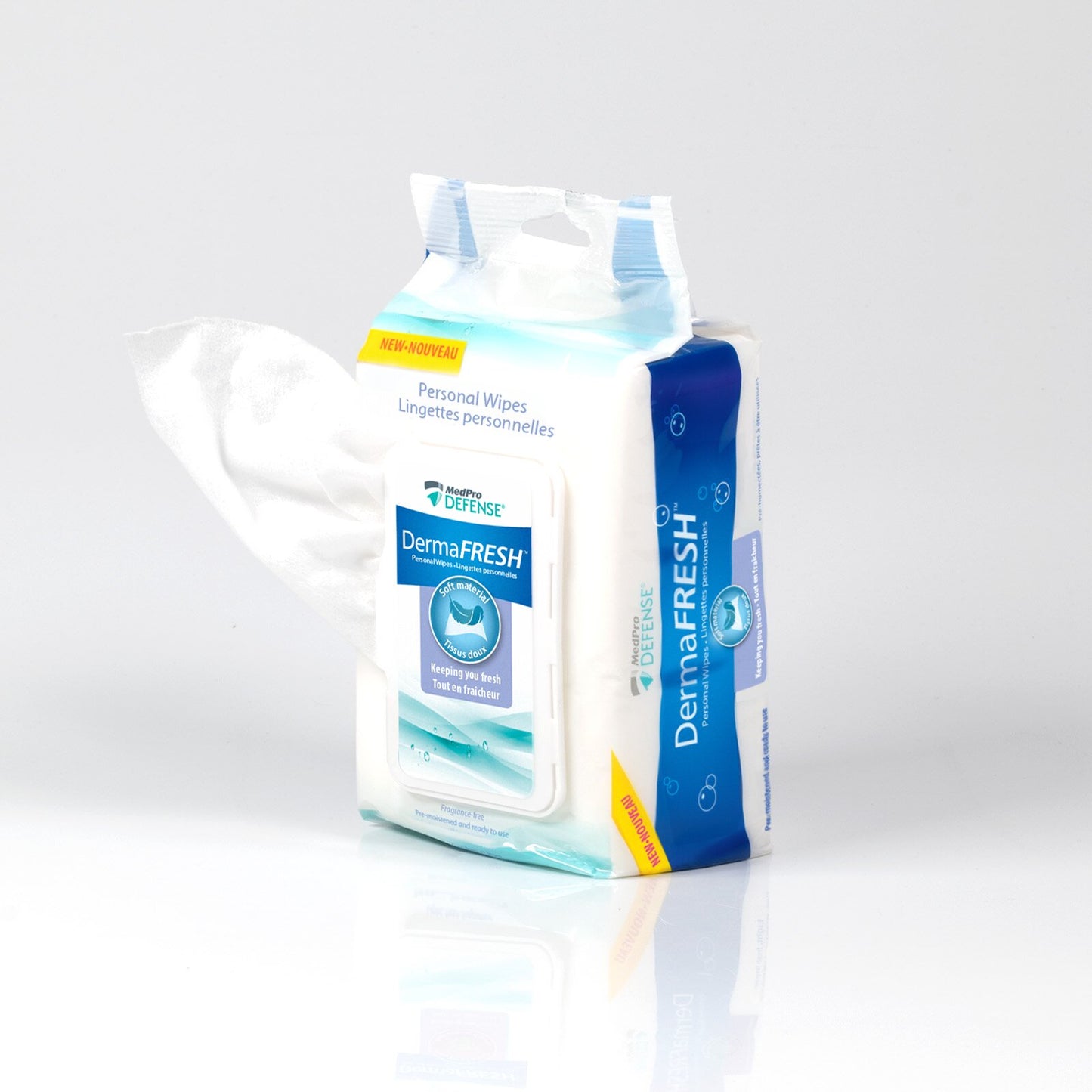 MedPro Defense DermaFRESH Fragrance-free Personal Wipes - The gentle, effective hygiene & skin care solution.• Fragrance-free• No rinse required • Pre-moistened and ready to use• Super-soft fabric• Aloe-free• Resealable dispenser pack• Washcloth Size: 8”