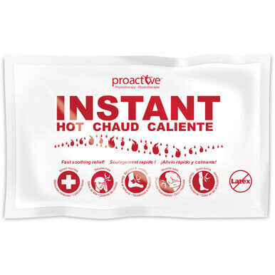 ProActive Instant Hot Compress - This instant compress is made from a chemical compound sealed in a double insulated plastic pouch. When the inner pouch is burst, the chemical reaction creates heat. Remains effective for approximately 30 minutes.• Double