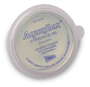Parker Aquaflex Ultrasound Gel Pads - A 2cm x 9cm aqueous, flexible, disposable ultrasound standoff for use in difficult to visualize and near field areas, or when gels alone won't do. Disposability eliminates the risk of cross contamination in diagnostic