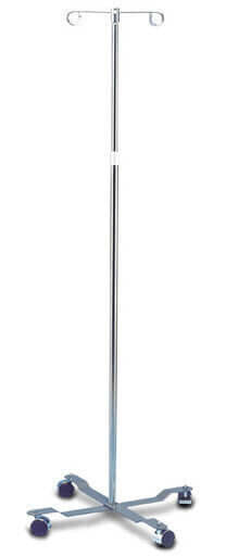 AMG Aluminum, Economy I.V. Stand - This I.V. stand has a low profile, four point base, twin wheeled swivel casters, and a circular “Ram’s Horn” design. As well, the Economy 2-Hook I.V. Stand features a positive friction grip, chrome-plated steel pole, sta