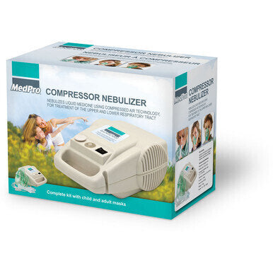 MedPro Compressor Nebulizer - Nebulizes liquid medicine using compressed air technology, for treatment of the upper and lower respiratory tract. Kit includes: Adult and child mask Mouthpiece Nebulizer unit Tubing Nebulizer chamber Replacement air filters