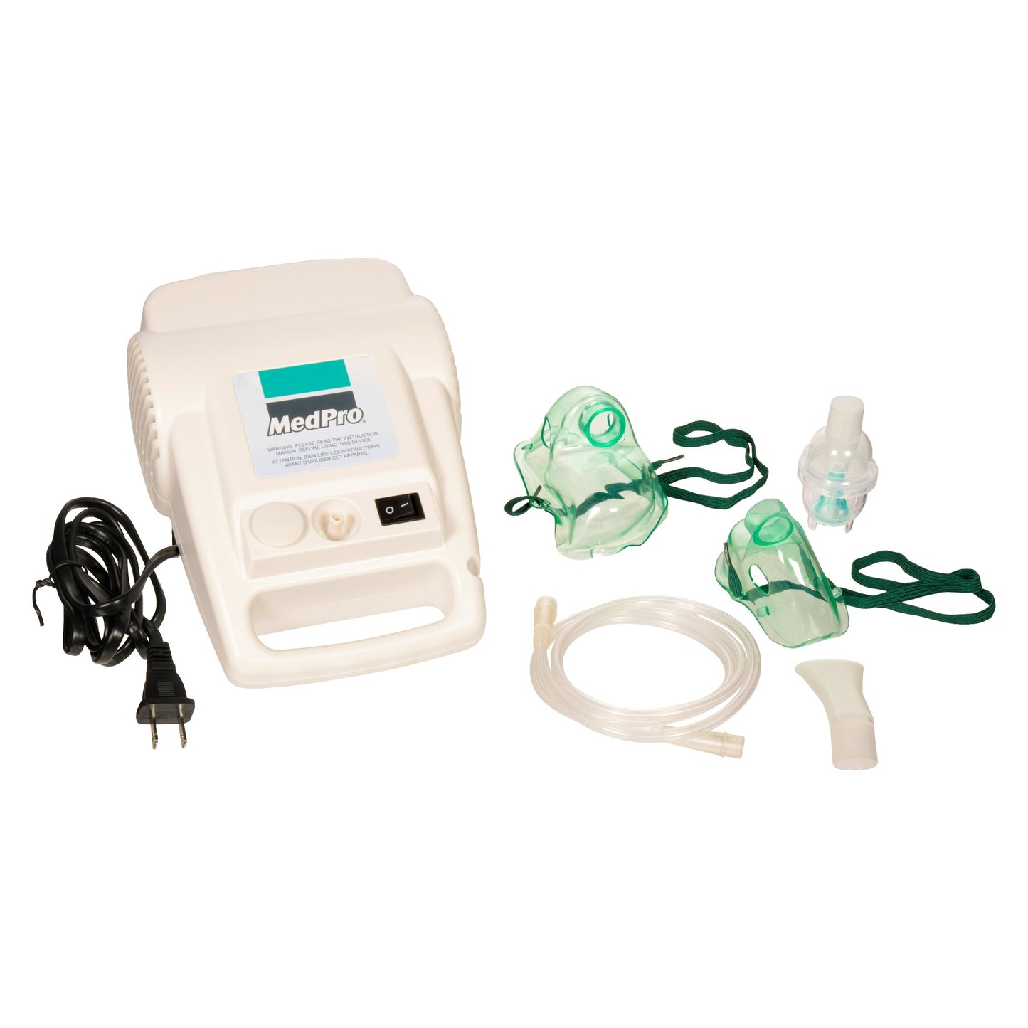 MedPro Compressor Nebulizer - Nebulizes liquid medicine using compressed air technology, for treatment of the upper and lower respiratory tract. Kit includes: Adult and child mask Mouthpiece Nebulizer unit Tubing Nebulizer chamber Replacement air filters