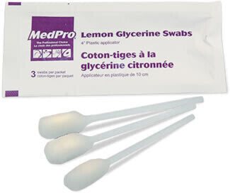 MedPro Lemon Glycerine Swabs - Plastic applicator with a cotton swab soaked in a lemon glycerin solution. 3 swabs per packet, 25 packets per box, 10 boxes per case.