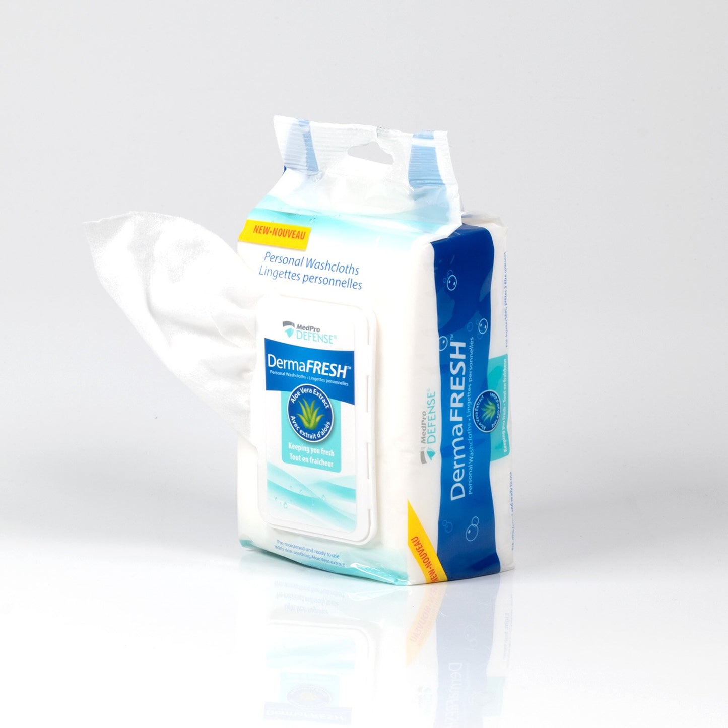 MedPro Defense DermaFRESH Personal Washcloths - The gentle, effective hygiene & skin care solution.• Fragrance-free• No rinse required • Pre-moistened and ready to use• Super-soft fabric• Alcohol-free• Resealable dispenser pack• Washcloth Size: 8” x 12” (