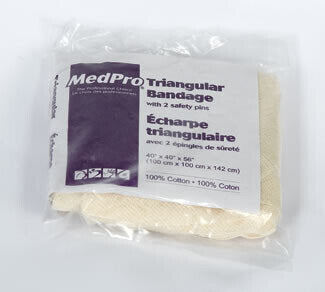MedPro Triangular Bandage - This bandage is made from 100% cotton and conforms to standard, regulation size. With 2 safety pins. Triangle sides: 40 in x 40 in x 56 in (100 cm x 100 cm x 142 cm)Ideal for arm slings, outer layer bandaging and as a cover for