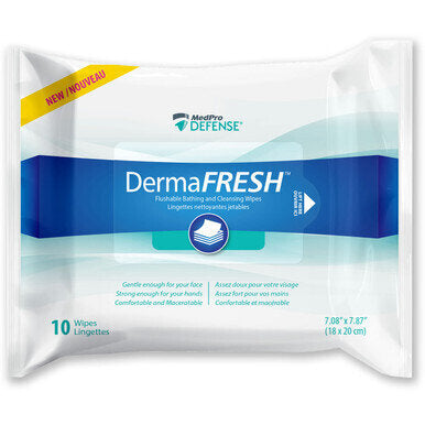 DermaFresh - Flushable Bathing and Cleansing Wipes - Size of wipe 7.1 x 7.9 in / 18 x 20 cm Moist wipes No rinse required Flushable and maceratable Biodegradable 10 wipes per pack Each wipe measures 18 cm x 20 cm Moist wipes ideal for cleansing of face, h