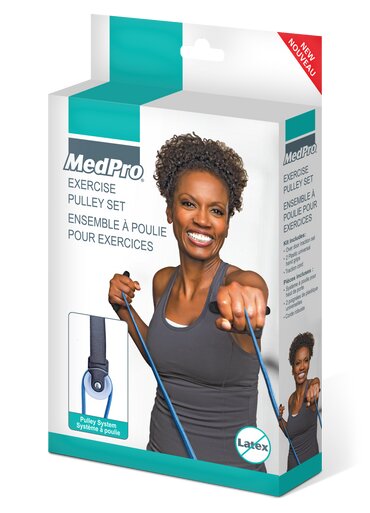 MedPro Exercise Pulley Set - Ideal for home rehabilitation to help restore shoulder, arm, or upper torso mobility.Attaches securely to most doorsLatex-FreeKit includes: Over door traction set 2 Metal pulleys 2 Plastic universal hand grips Traction cord