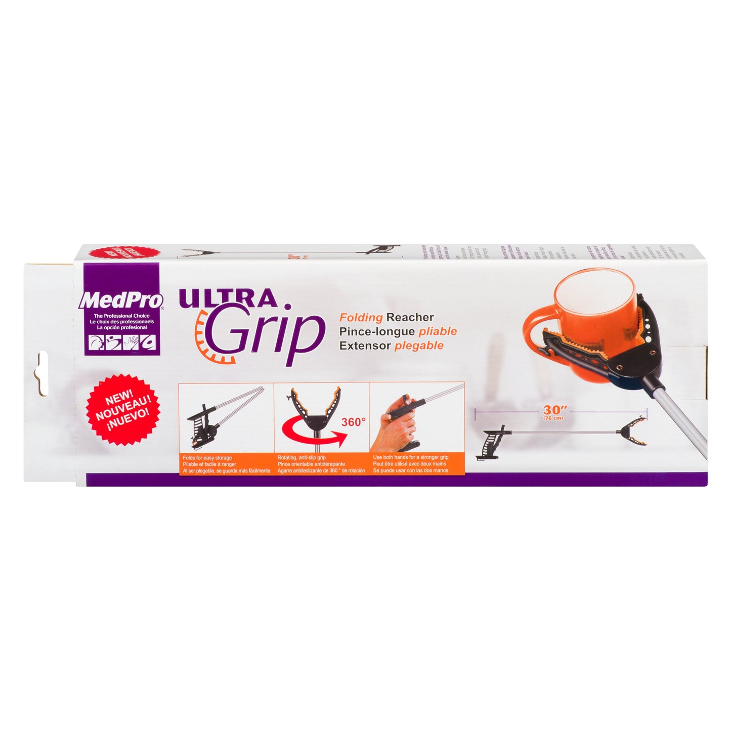 MedPro Ultra-Grip Folding Reacher - This folding reach extender is a simple and effective grasping aid. Useful in and around the whole house!30 in (76 cm) Folds for easy storage Rotating, anti-slip grip Use both hands for a stronger grip Adds 30" (76 cm)