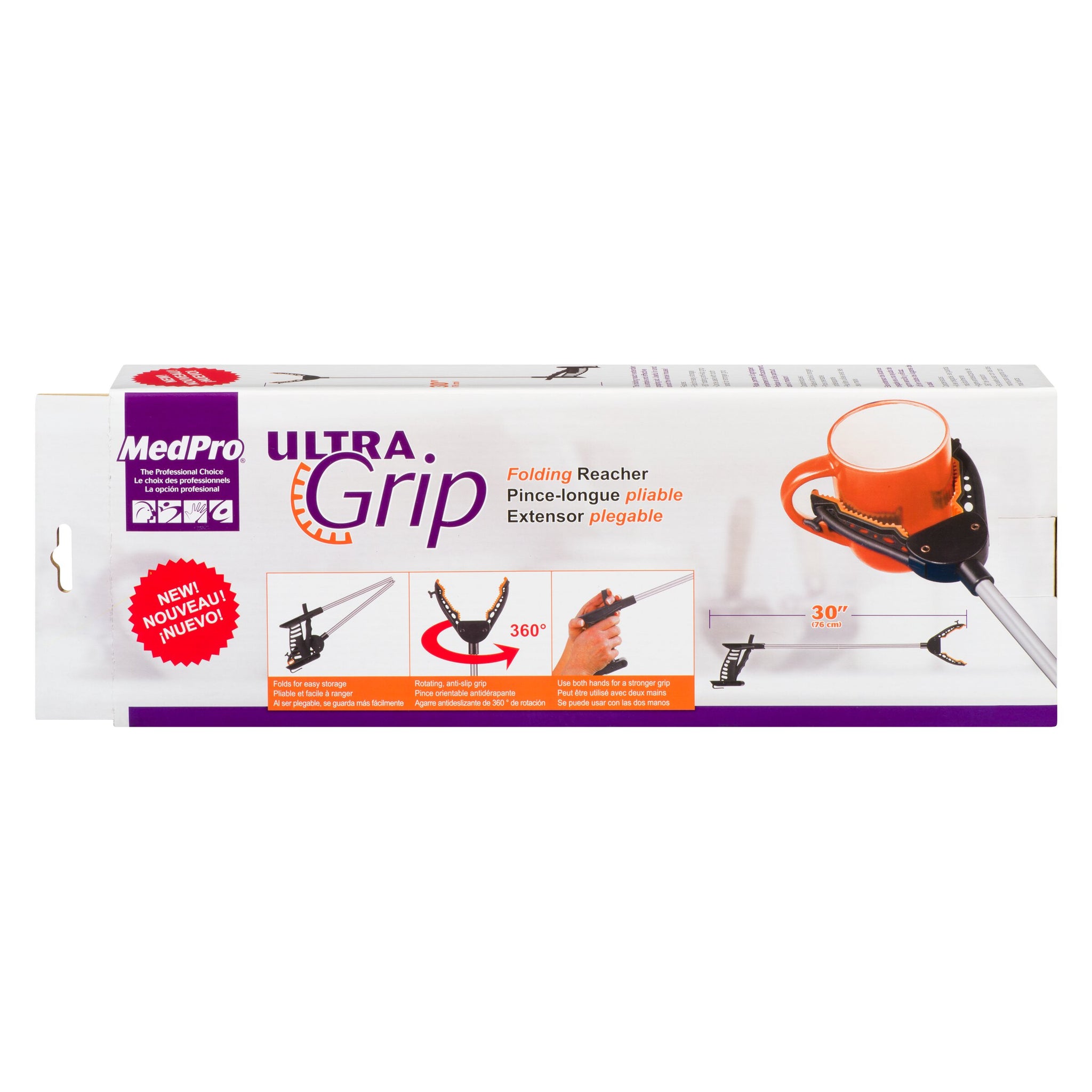 MedPro Ultra-Grip Folding Reacher - This folding reach extender is a simple and effective grasping aid. Useful in and around the whole house!30 in (76 cm) Folds for easy storage Rotating, anti-slip grip Use both hands for a stronger grip Adds 30