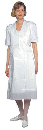 MedPro® Disposable Plastic Aprons - The aprons go over the head, with waist ties in the back. They are made of durable embossed plastic and are individually wrapped.Dimensions:Length: 125 cm (49 inch) Thickness: 0.025 mm