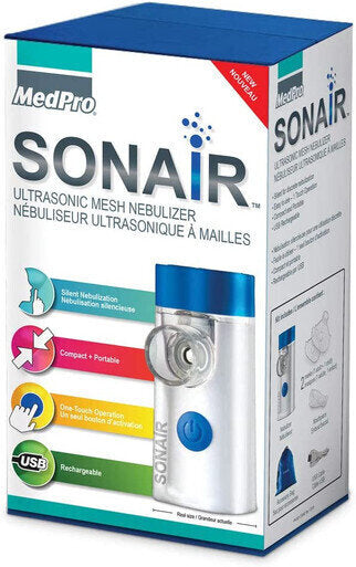 MedPro Sonair Ultrasonic Mesh Nebulizer - The Sonair™ nebulizer uses ultrasonic mesh technology to turn liquid medication into an ultra-fine mist that permeates the lungs to deliver medication quickly and effectively:· Easy to use: Sonair is designed to f