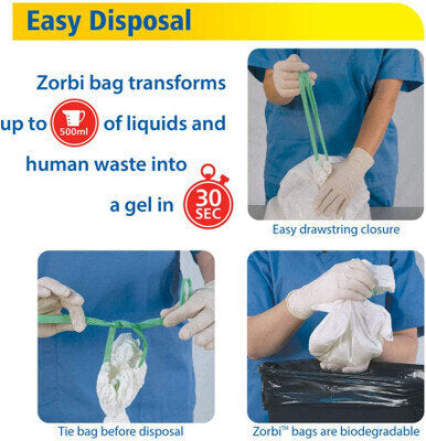 Zorbi Hygienic Biodegradable Bedpan Liners - ZORBI™ bags, pads and powder are a quick and convenient method of disposing liquid human waste while minimizing its contact with equipment or staff. All ZORBI™ bags contain a water soluble pad made with Super A