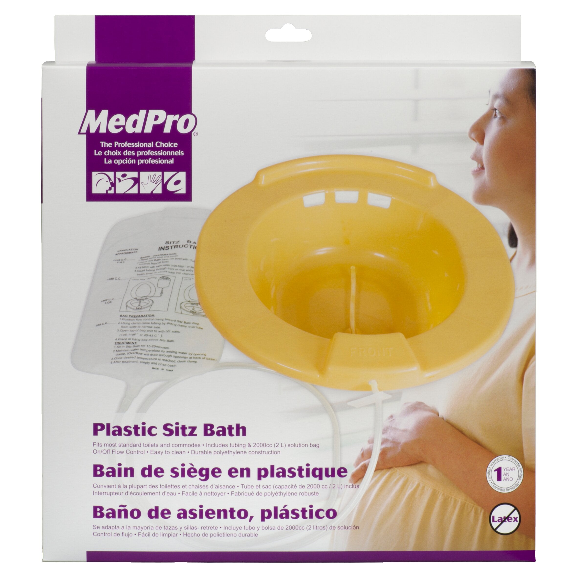 MedPro Sitz Bath - Fits most standard toilet bowls. Edges are slightly contoured to assure comfort. Made from durable plastic. Comes complete with tubing and 2000 cc (2 litres) water bag.