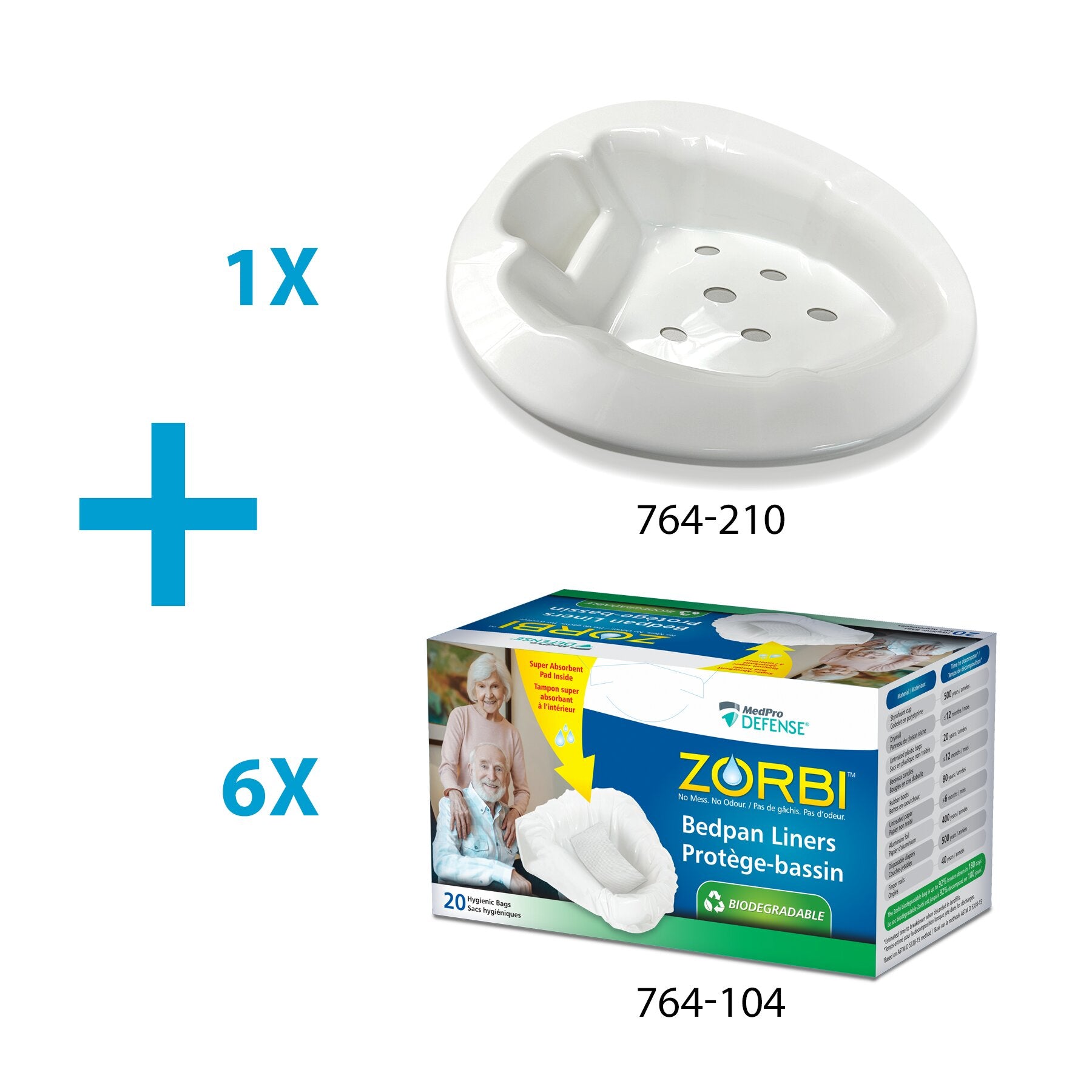 MedPro Defense Zorbi Bedpan Bio Bags and Support Kit - 764-920 - Zorbi Bedpan Isolation Kit with Bedpan riser - 1 Zorbi Bedpan Supports (764-210), and 6 ZORBI™ Bio Bedpan Bags (764-104).