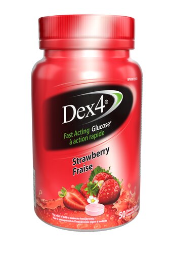 Dex4 Glucose Tablet Bottles (50 tablets) - Dex4® provides FAST and EFFECTIVE relief of mild to moderate hypoglycemia with a variety of great tasting flavours. Dex4 offers choice and convenience with 4 grams of glucose per tablet that are easy to chew and