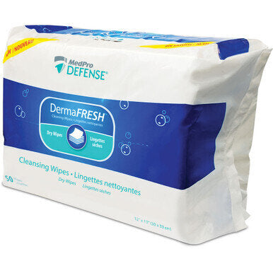 DermaFresh - Cleansing Wipes - Each wipe measures 13 x 12 in (33 x 30.5 cm) Dry wipes Non-flushable Cannot be macerated 50 wipes per pack, 20 packs per case Sku Moist or Dry Flushable? Maceratable? 760-060 Moist 760-070 Moist ✓ ✓ 760-080 Dry ✓ 760-082 Dry