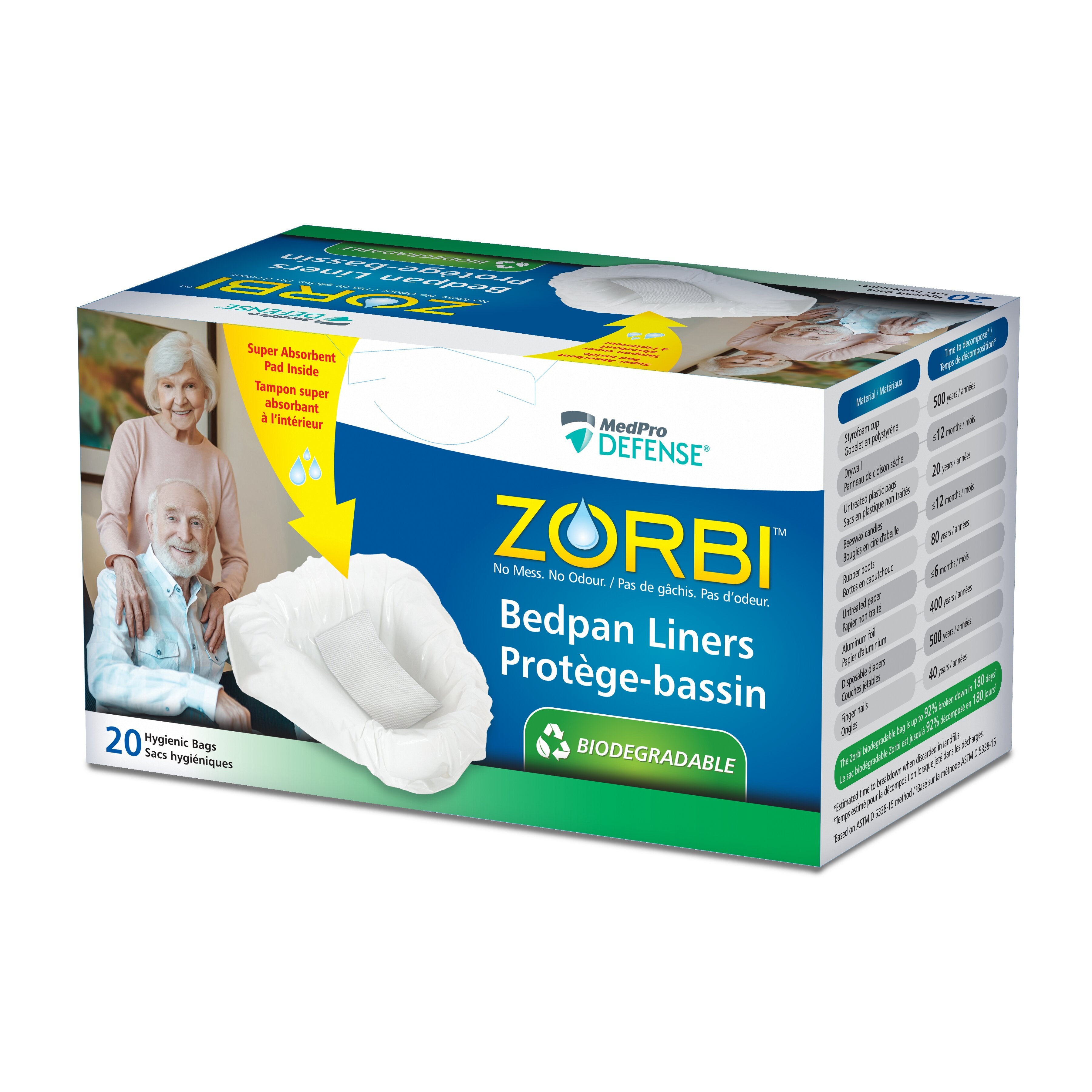 Zorbi Hygienic Biodegradable Bedpan Liners - ZORBI™ bags, pads and powder are a quick and convenient method of disposing liquid human waste while minimizing its contact with equipment or staff. All ZORBI™ bags contain a water soluble pad made with Super A