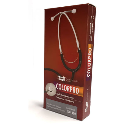 Physio Logic ColorPro Stethoscope - This stethoscope features colour coordinated, anodized aluminum dual head chestpiece, 22" (55.8 cm) "Y" tubing, and chrome-plated brass binaurals. 108-400 Grey tubing 108-404 Black tubing 108-416 Red tubing 108-420 Dark