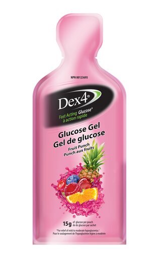 Dex4 Glucose Gel - Dex4® provides FAST and EFFECTIVE relief of mild to moderate hypoglycemia Dex4 Glucose Gel comes in great tasting Fruit Punch flavour that is quick and easy to swallow. Each pouch contains 15g of Dextrose (d-glucose) that is compact and