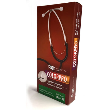 Physio Logic ColorPro Stethoscope - This stethoscope features colour coordinated, anodized aluminum dual head chestpiece, 22" (55.8 cm) "Y" tubing, and chrome-plated brass binaurals. 108-400 Grey tubing 108-404 Black tubing 108-416 Red tubing 108-420 Dark