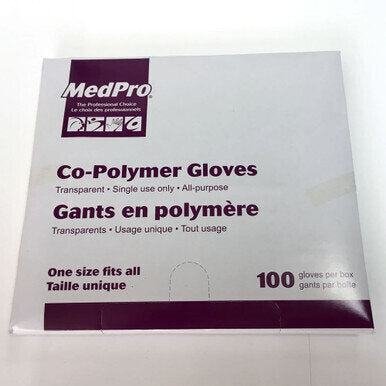 MedPro Co-Polymer Gloves - • High grade co-polymer film plastic• Latex free• Pull-out dispenser box• One size fits all• 100 per box, 20 boxes per case