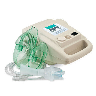 MedPro Compressor Nebulizer - Nebulizes liquid medicine using compressed air technology, for treatment of the upper and lower respiratory tract. Kit includes: Adult and child mask Mouthpiece Nebulizer unit Tubing Nebulizer chamber Replacement air filters