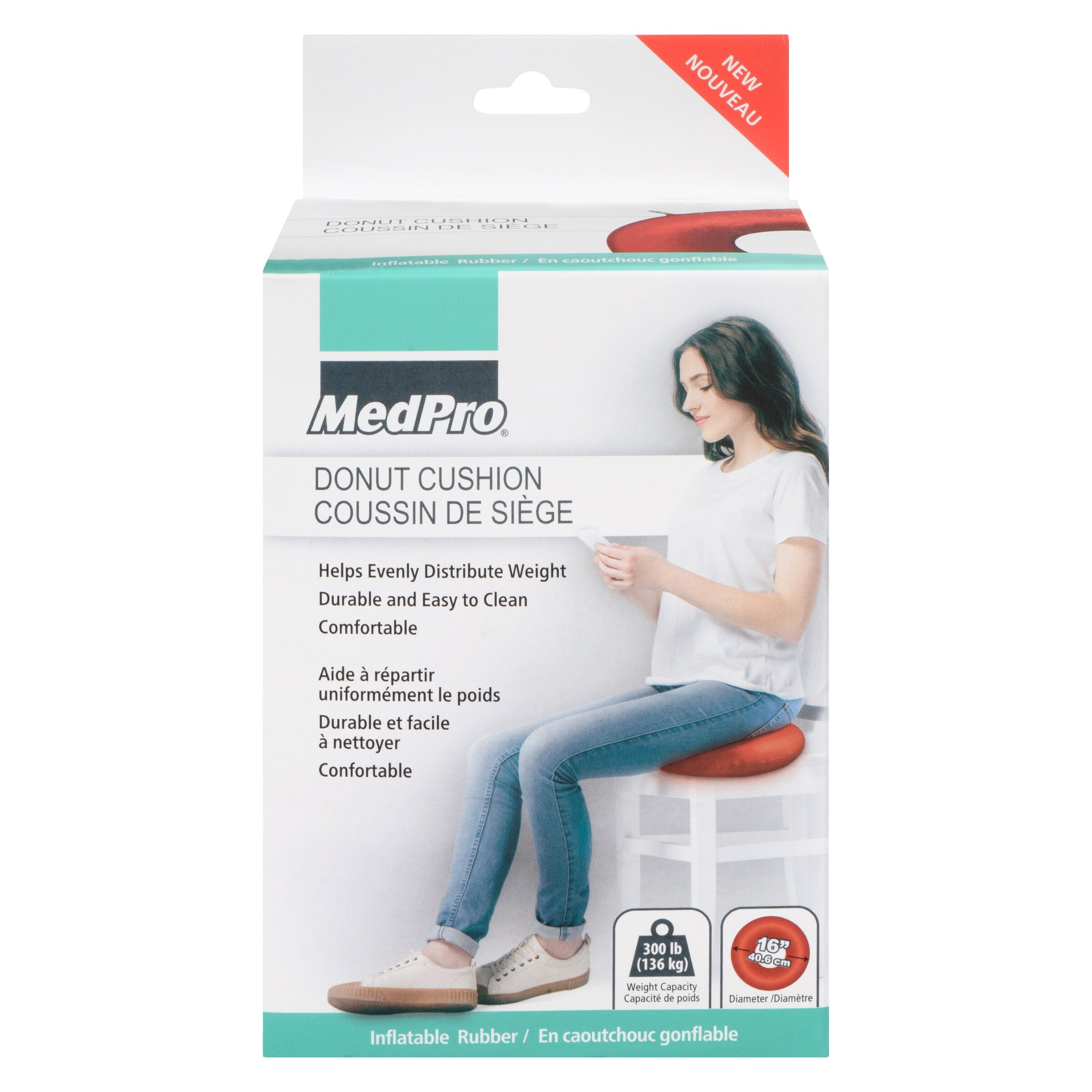 MedPro Donut Cushion - Convenient for home, car or workplace, this donut cushion allows you to sit comfortably for long periods of time. Inflation level can be adjusted to maximize comfort and the open center of this invalid ring helps distribute weight e