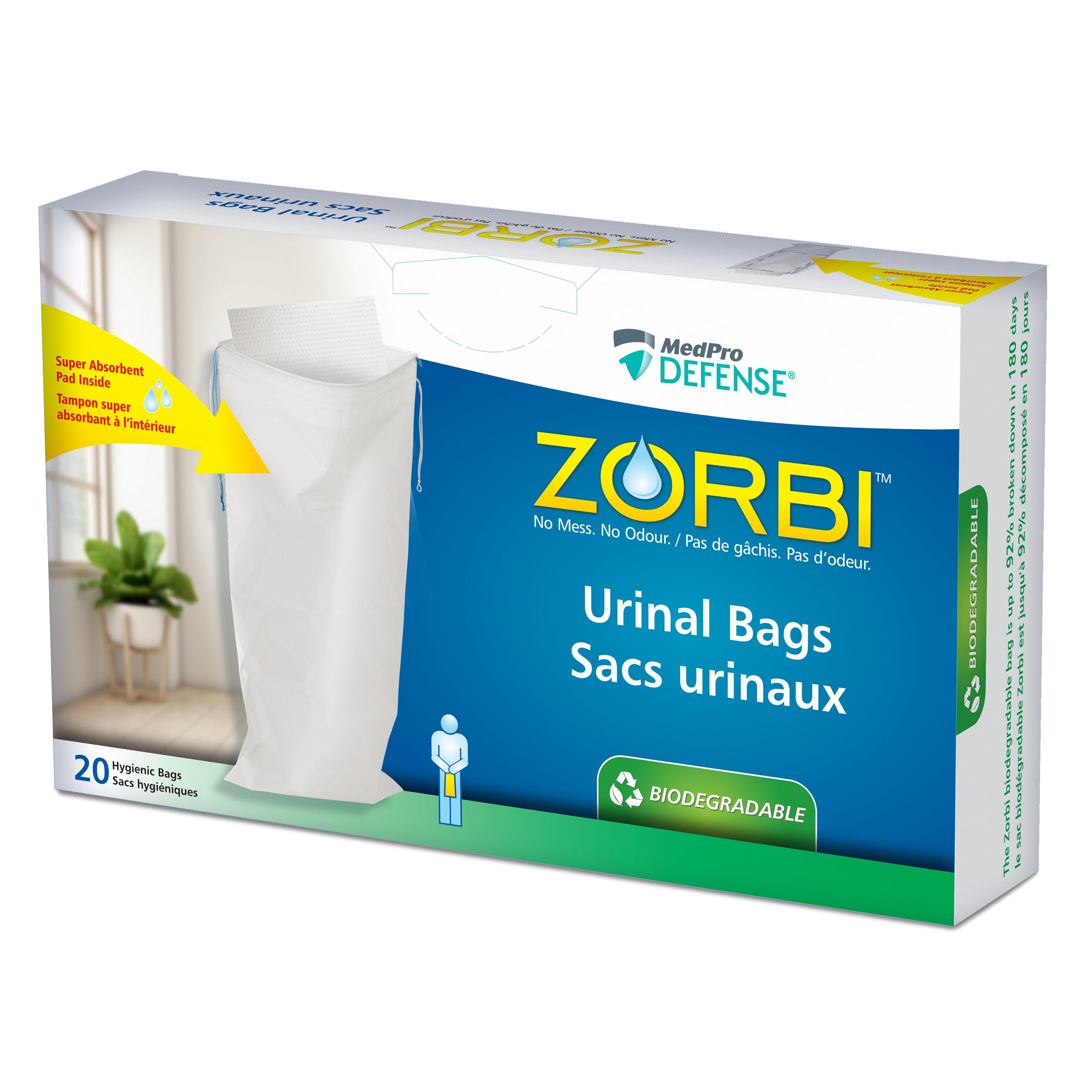 Zorbi™ Biodegradable Urinal Liners - ZORBI™ bags and powder are a quick and convenient method of disposing liquid human waste while minimizing its contact with equipment or staff. All ZORBI™ bags contain a water soluble pad made of ZORBI™ Super Absorbent