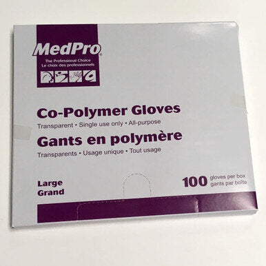 MedPro Co-Polymer Gloves - • High grade co-polymer film plastic• Latex free• Pull-out dispenser box• One size fits all• 100 per box, 20 boxes per case