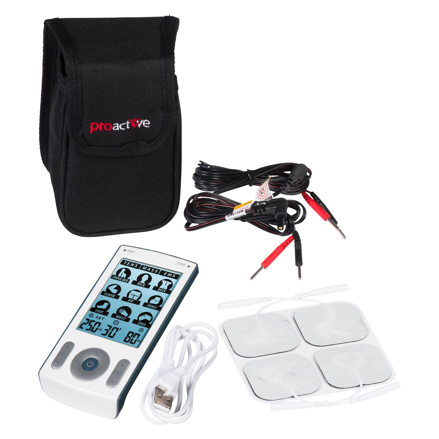 ProActive Thera3+ 3 in 1 TENS, EMS, Massage - Thera3+™ by ProActive™ is a 3-in-1 device that is rechargeable with 78 pre-set programs, along with the ability to fully customize treatment options. It has a large, easy-to-read LCD and includes all accessori