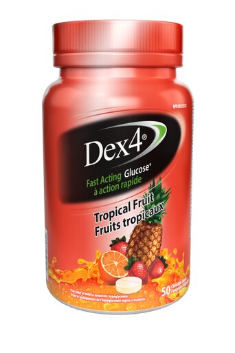 Dex4 Glucose Tablet Bottles (50 tablets) - Dex4® provides FAST and EFFECTIVE relief of mild to moderate hypoglycemia with a variety of great tasting flavours. Dex4 offers choice and convenience with 4 grams of glucose per tablet that are easy to chew and