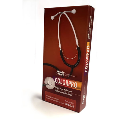 Physio Logic ColorPro Stethoscope - This stethoscope features colour coordinated, anodized aluminum dual head chestpiece, 22" (55.8 cm) "Y" tubing, and chrome-plated brass binaurals. 108-400 Grey tubing 108-404 Black tubing 108-416 Red tubing 108-420 Dark