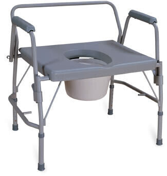 Bariatric Drop-Arm Commode - This practical institutional commode is designed to facilitate access from any side while providing safety and support to heavier patients. The Extra Wide frame is constructed of a sturdy rust-resistant powder coated steel and