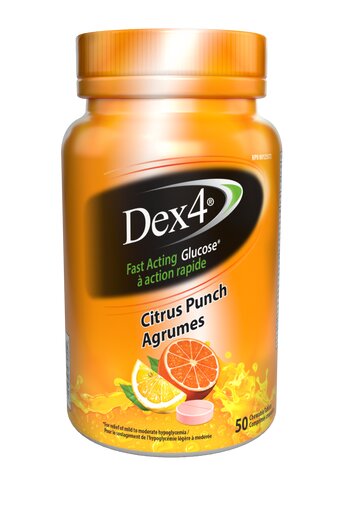 Dex4 Glucose Tablet Bottles (50 tablets) - Dex4® provides FAST and EFFECTIVE relief of mild to moderate hypoglycemia with a variety of great tasting flavours. Dex4 offers choice and convenience with 4 grams of glucose per tablet that are easy to chew and