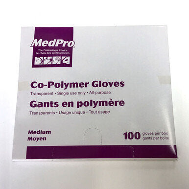 MedPro Co-Polymer Gloves - • High grade co-polymer film plastic• Latex free• Pull-out dispenser box• One size fits all• 100 per box, 20 boxes per case