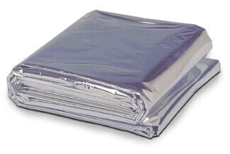 Space Blanket - This ultra thin, hi-tech space blanket is made from waterproof mylar aluminum. It reflects body heat and is both lightweight and compact (folding to pocket size). Dimensions: 84