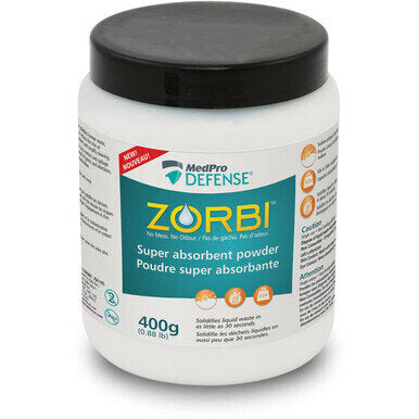 MedPro Defense Zorbi Super Absorbent Powder - Solidifies liquid waste in as little as 30 seconds. Super absorbent powder solidifies human waste, fluids and other liquids to reduce the risks of splashing, to protect equipment and to simplify cleaning. Infe