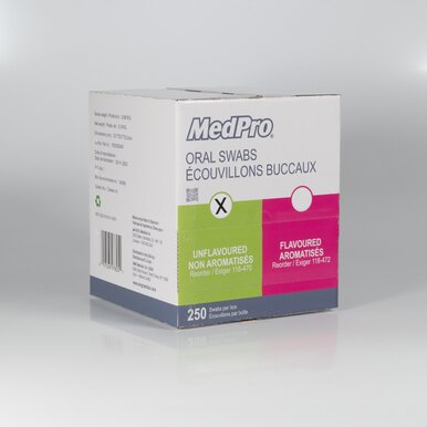 MedPro Oral Swabs - Medpro Oral Swabs are available with or without flavour. These oral swabs feature soft ridged foam tips to remove mucous and particles from patient’s mouth for better oral hygiene. Choose either unflavoured swabs or flavoured swabs wit