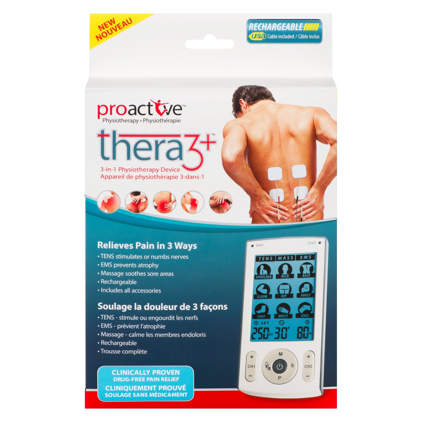 ProActive Thera3+ 3 in 1 TENS, EMS, Massage - Thera3+™ by ProActive™ is a 3-in-1 device that is rechargeable with 78 pre-set programs, along with the ability to fully customize treatment options. It has a large, easy-to-read LCD and includes all accessori