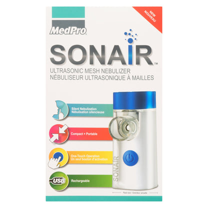 MedPro Sonair Ultrasonic Mesh Nebulizer - The Sonair™ nebulizer uses ultrasonic mesh technology to turn liquid medication into an ultra-fine mist that permeates the lungs to deliver medication quickly and effectively:· Easy to use: Sonair is designed to f