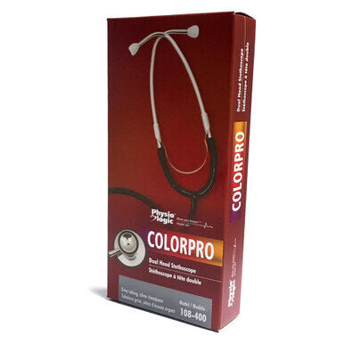 Physio Logic ColorPro Stethoscope - This stethoscope features colour coordinated, anodized aluminum dual head chestpiece, 22" (55.8 cm) "Y" tubing, and chrome-plated brass binaurals. 108-400 Grey tubing 108-404 Black tubing 108-416 Red tubing 108-420 Dark