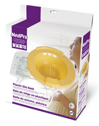 MedPro Sitz Bath - Fits most standard toilet bowls. Edges are slightly contoured to assure comfort. Made from durable plastic. Comes complete with tubing and 2000 cc (2 litres) water bag.