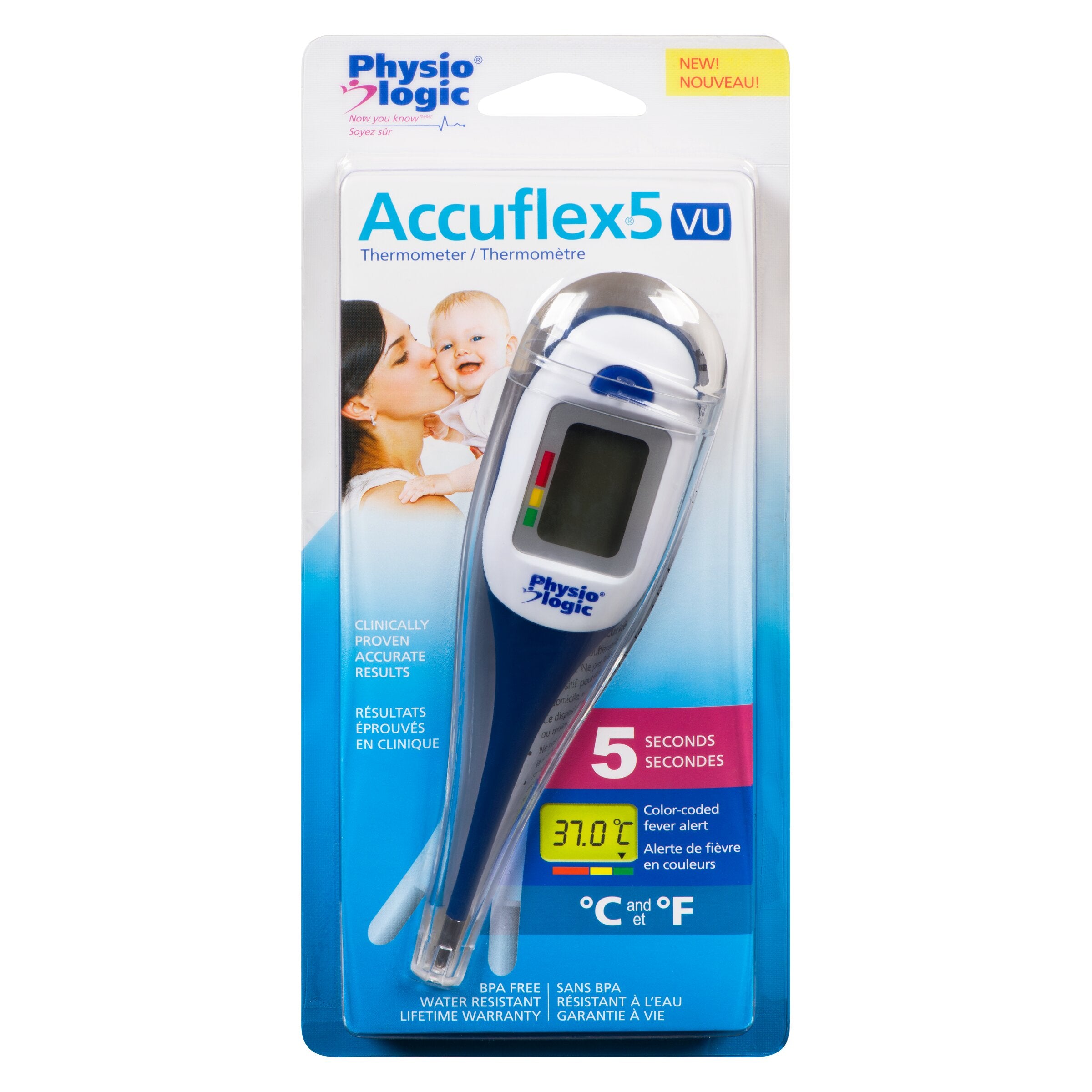 Physio Logic Accuflex5Vu Thermometer - The Accuflex® 5 VU digital thermometer provides clinically proven accuracy in as little as 5 seconds. The colour coded fever alert makes it very easy to use. Color feverline™ alert indicates if the reading is normal