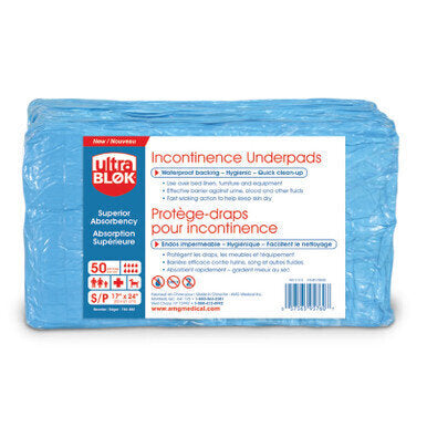 UltraBlok Disposable Underpads, High Absorbency - This absorbent underpad provides waterproof protection for beds and chairs. Use over bed linen, furniture and equipment Disposable for quick clean-up Effective barrier against urine, blood and other fluids