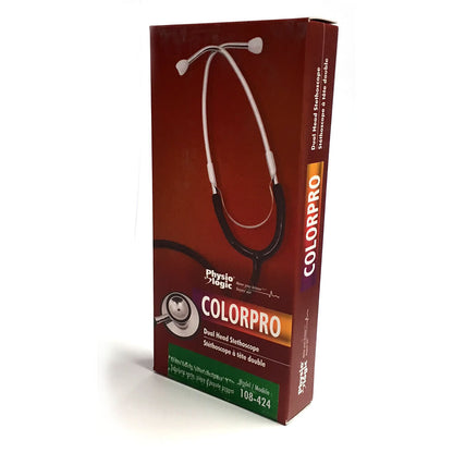 Physio Logic ColorPro Stethoscope - This stethoscope features colour coordinated, anodized aluminum dual head chestpiece, 22" (55.8 cm) "Y" tubing, and chrome-plated brass binaurals. 108-400 Grey tubing 108-404 Black tubing 108-416 Red tubing 108-420 Dark